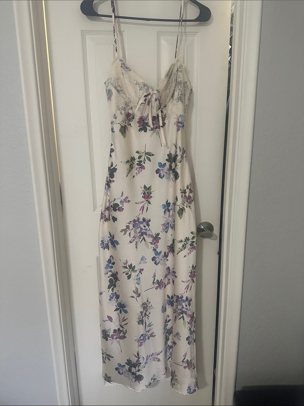NWT Ivory Floral Lace-Trim Strapless Slip Silk Dress with Purple & Blue Blooms
